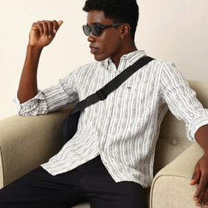 white slim fit casual shirt with woven vertical textured stripes
