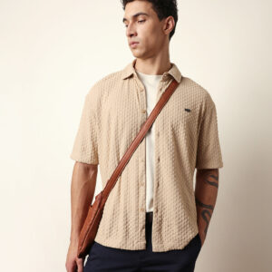 cream textured woven oversized fit half sleeve casual shirt