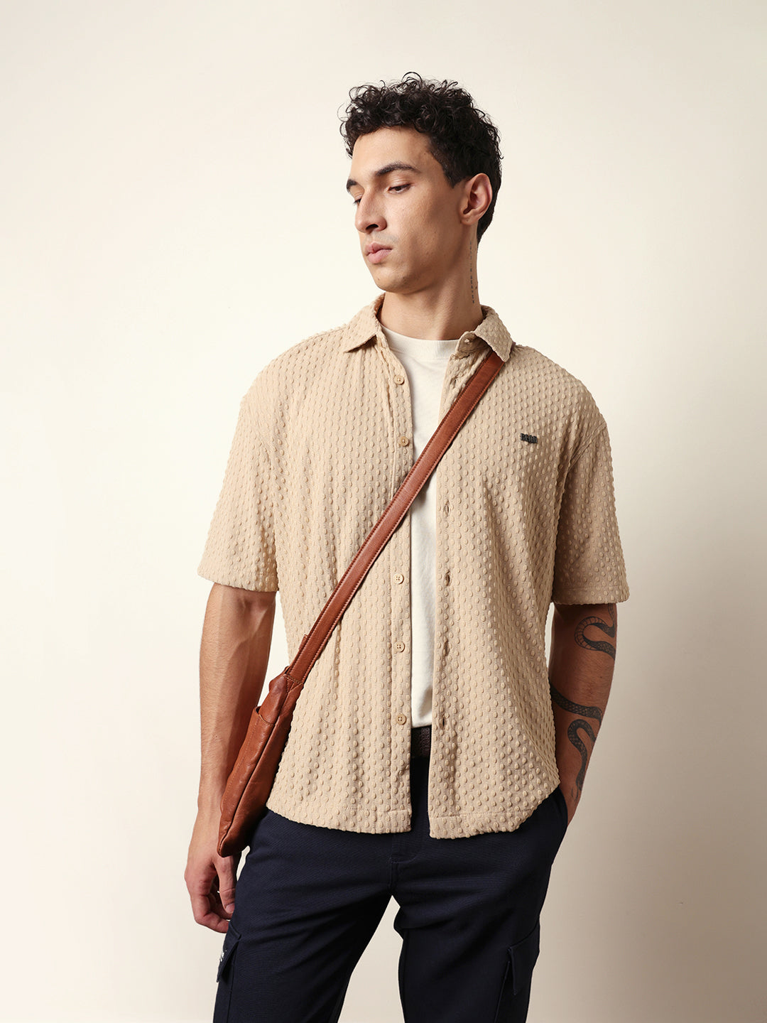 cream textured woven oversized fit half sleeve casual shirt cream textured woven oversized fit half sleeve casual shirt