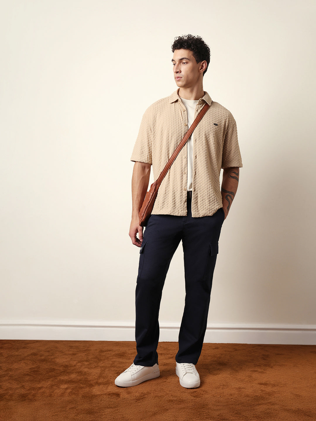 cream textured woven oversized fit half sleeve casual shirt cream textured woven oversized fit half sleeve casual shirt