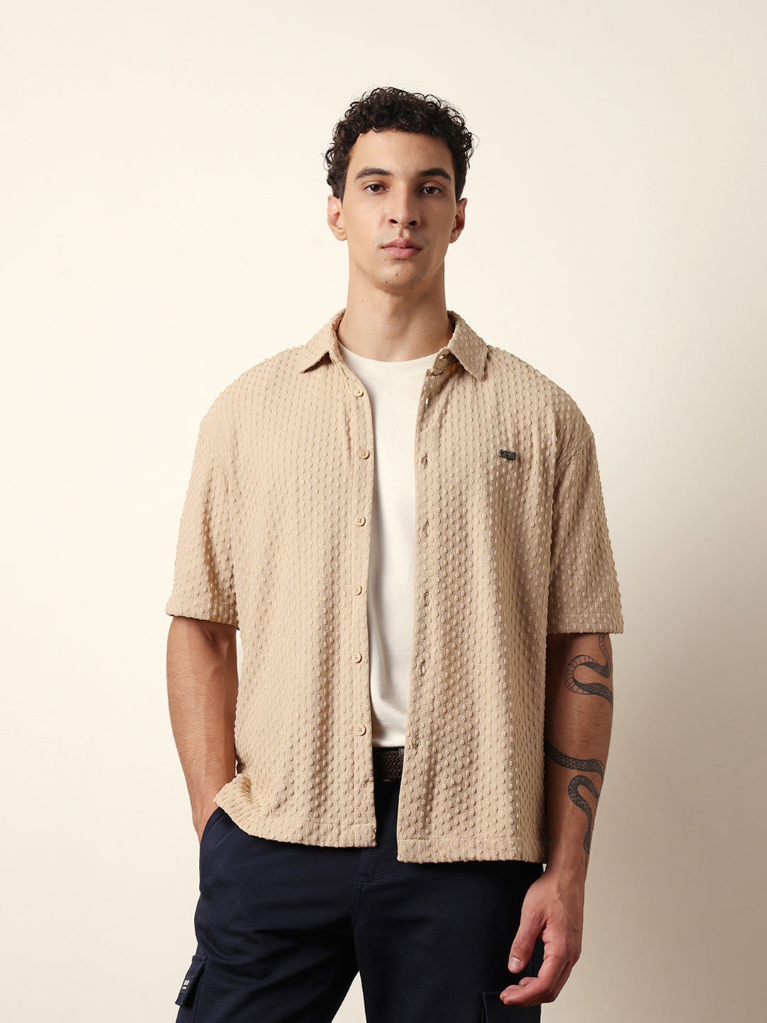 cream textured woven oversized fit half sleeve casual shirt cream textured woven oversized fit half sleeve casual shirt