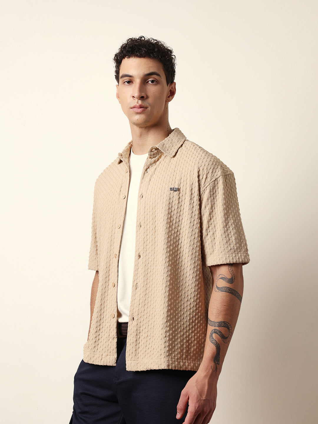 cream textured woven oversized fit half sleeve casual shirt cream textured woven oversized fit half sleeve casual shirt