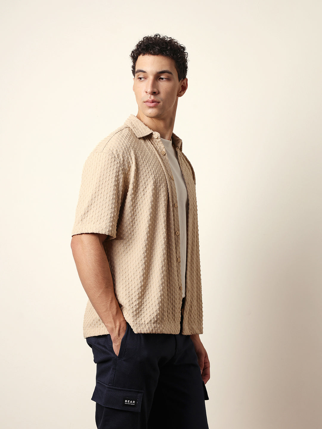 cream textured woven oversized fit half sleeve casual shirt cream textured woven oversized fit half sleeve casual shirt