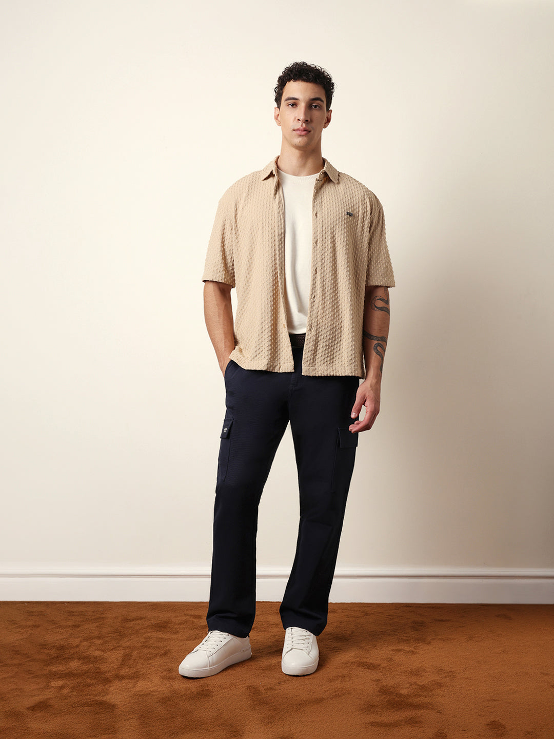 cream textured woven oversized fit half sleeve casual shirt cream textured woven oversized fit half sleeve casual shirt