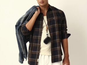 brown woven tartan checked slim fit casual shirt