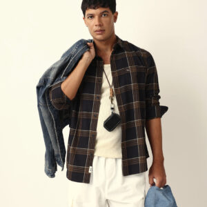 brown woven tartan checked slim fit casual shirt