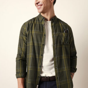olive woven tartan checked slim fit casual shirt