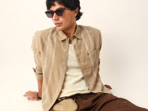 beige woven vertical striped slim fit casual shirt