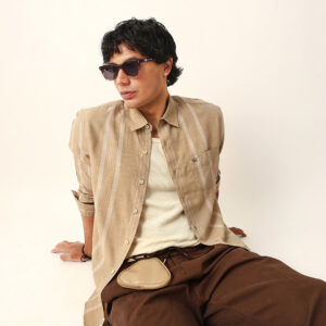 beige woven vertical striped slim fit casual shirt