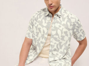 beige relax fit casual shirt with abstract geometric print