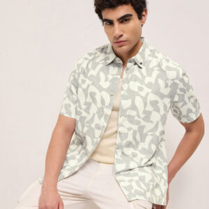 beige relax fit casual shirt with abstract geometric print