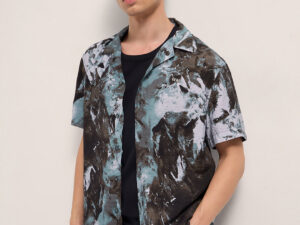 brown abstract digital print relaxed fit cuban collar shirt