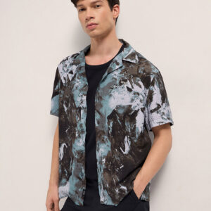 brown abstract digital print relaxed fit cuban collar shirt