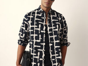 black with cream brush stroke grid print slim fit casual shirt