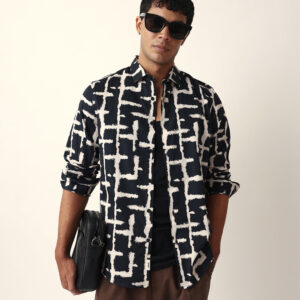 black with cream brush stroke grid print slim fit casual shirt