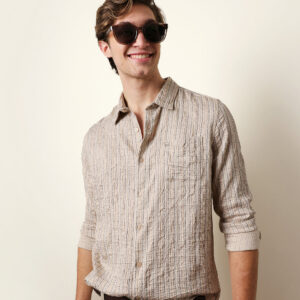 cream vertical seersucker pinstripe slim fit casual shirt