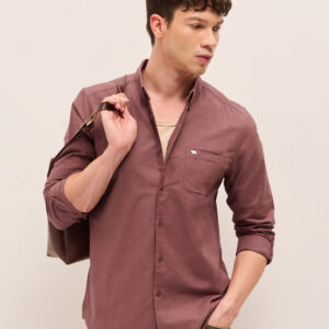 rust solid cotton slim fit casual shirt with button down collar
