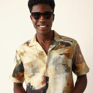 multicolor abstract brushstroke print cuban collar relaxed fit casual shirt