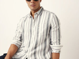 white vertical woven stripe slim fit casual shirt