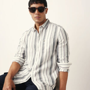 white vertical woven stripe slim fit casual shirt