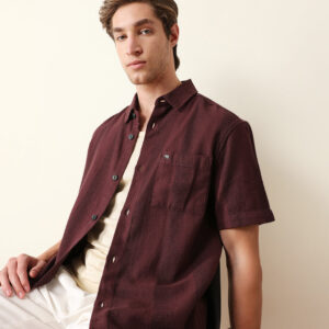maroon relaxed fit casual half sleeve shirt with textured vertical stripes