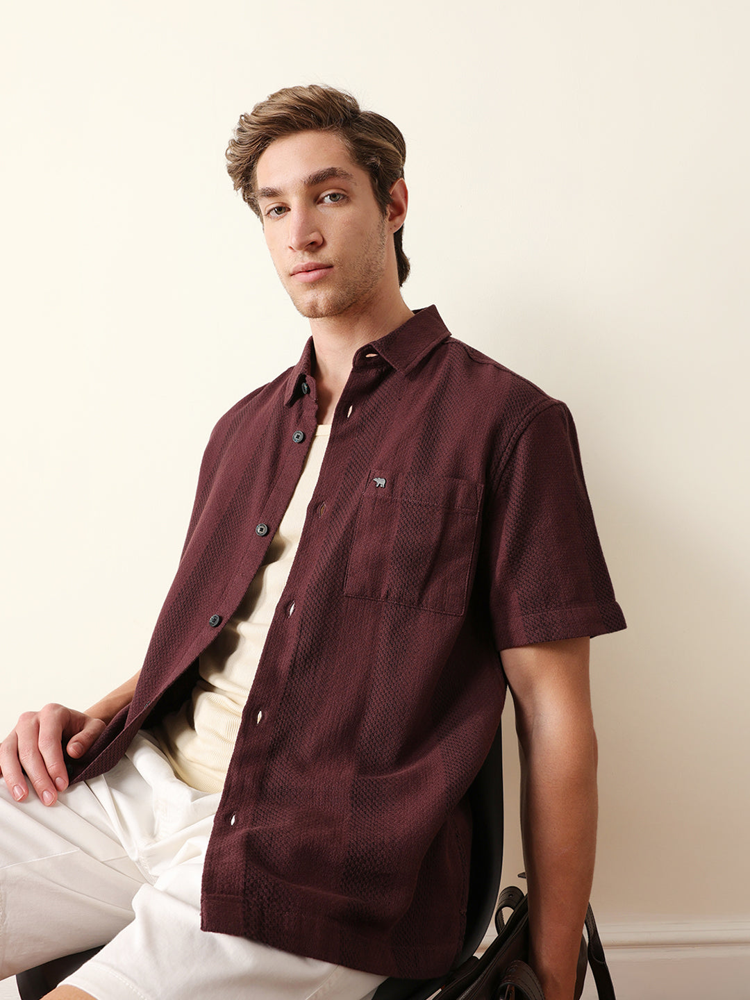 maroon relaxed fit casual half sleeve shirt with textured vertical stripes maroon relaxed fit casual half sleeve shirt with textured vertical stripes