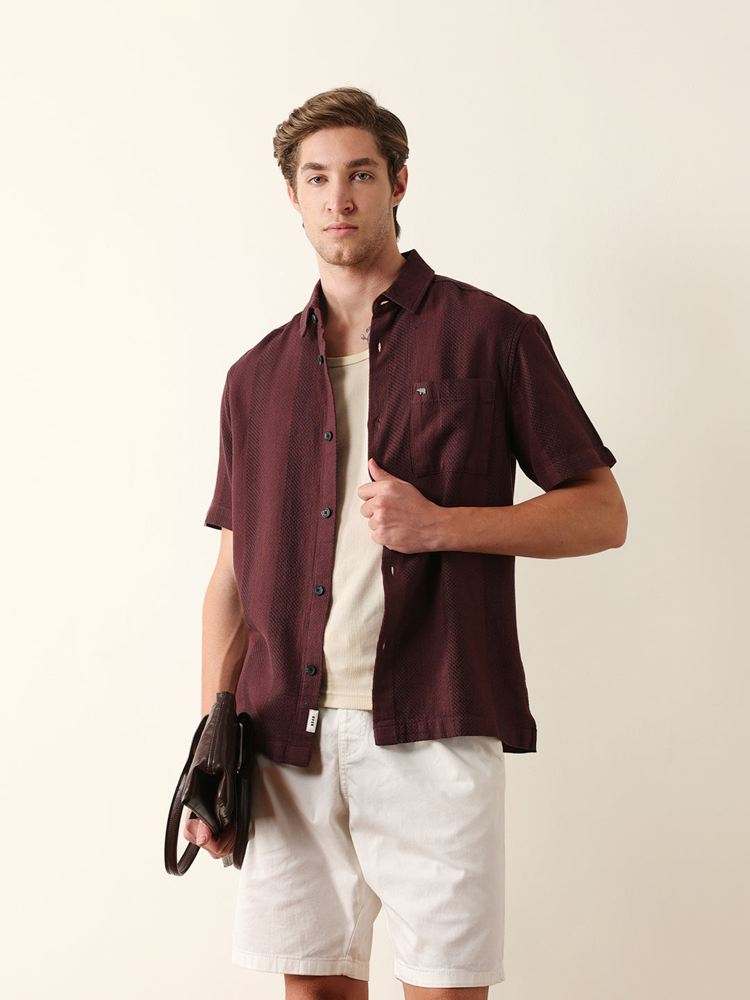 maroon relaxed fit casual half sleeve shirt with textured vertical stripes maroon relaxed fit casual half sleeve shirt with textured vertical stripes