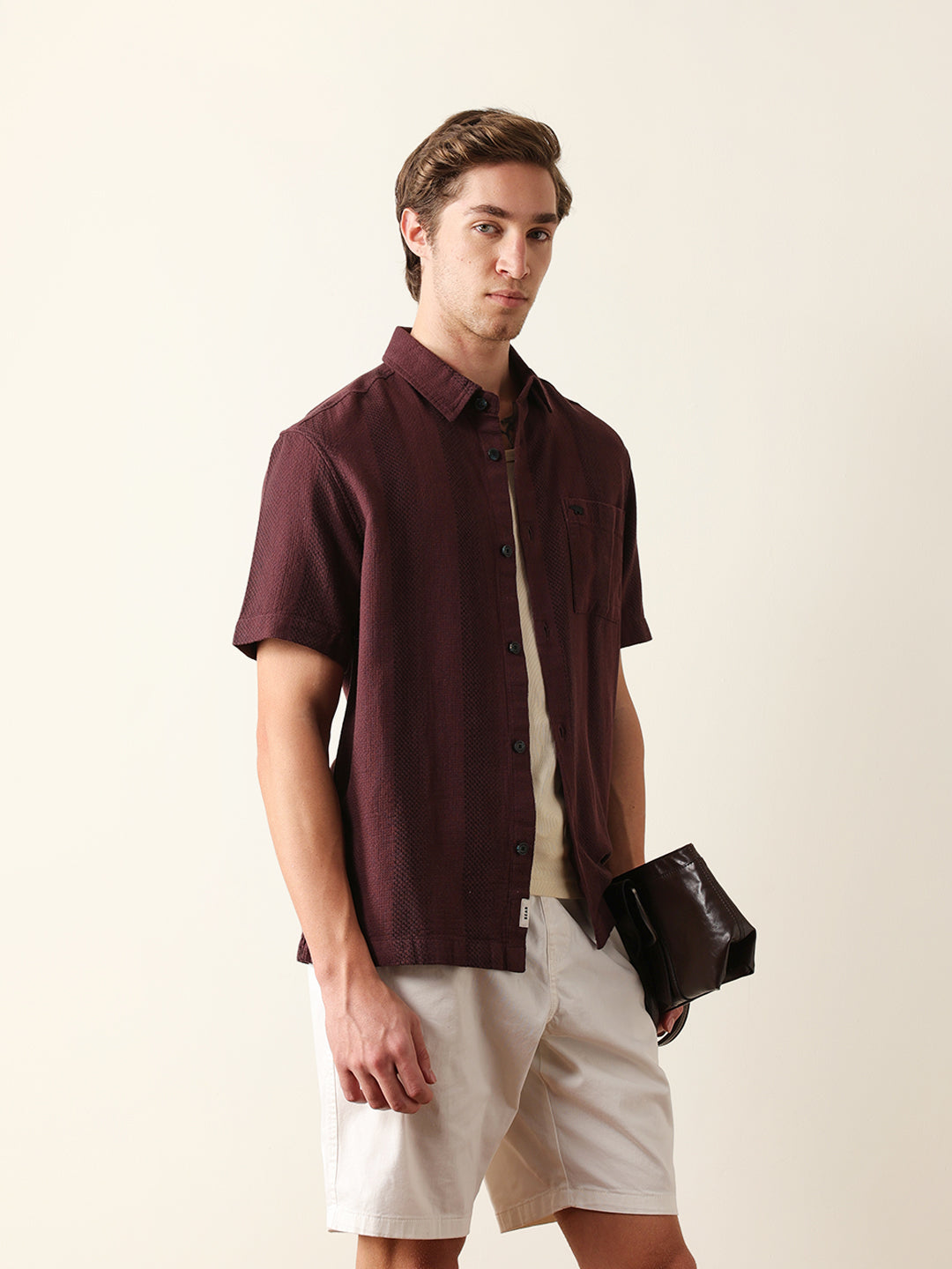 maroon relaxed fit casual half sleeve shirt with textured vertical stripes maroon relaxed fit casual half sleeve shirt with textured vertical stripes