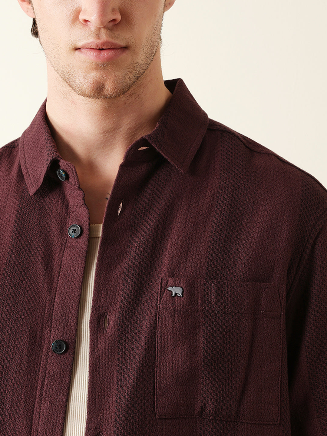maroon relaxed fit casual half sleeve shirt with textured vertical stripes maroon relaxed fit casual half sleeve shirt with textured vertical stripes