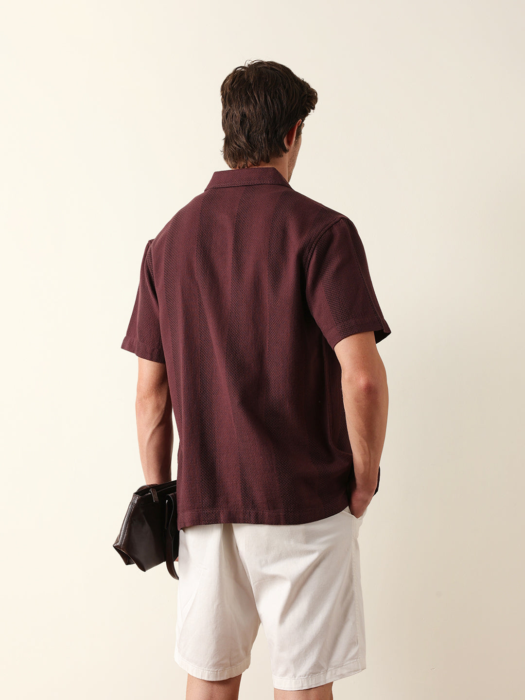 maroon relaxed fit casual half sleeve shirt with textured vertical stripes maroon relaxed fit casual half sleeve shirt with textured vertical stripes