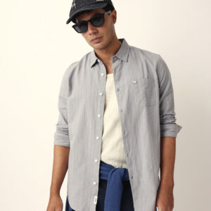 grey woven vertical pinstripes slim fit casual shirt