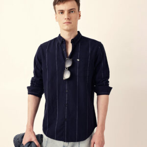 navy blue woven vertical stripes slim fit casual shirt