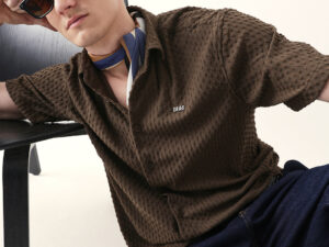 brown textured woven oversized fit half sleeve casual shirt