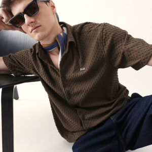 brown textured woven oversized fit half sleeve casual shirt