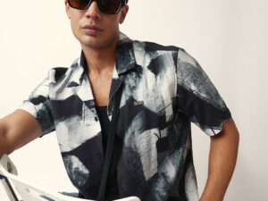 black & grey relaxed fit abstract brushstroke print half sleeve casual shirt