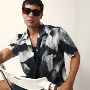 black & grey relaxed fit abstract brushstroke print half sleeve casual shirt