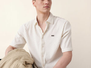 white textured woven oversized fit half sleeve casual shirt