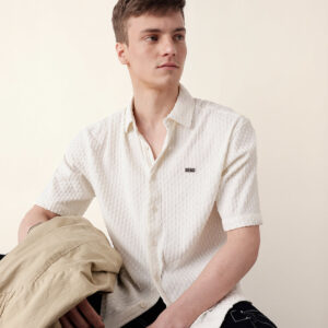 white textured woven oversized fit half sleeve casual shirt