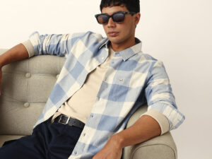 blue with cream woven checks slim fit casual shirt