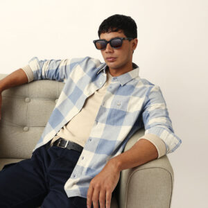 blue with cream woven checks slim fit casual shirt