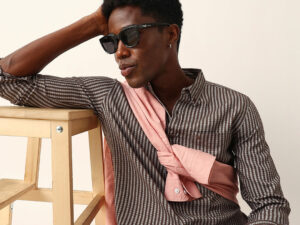 brown & white vertical woven striped slim fit casual shirt