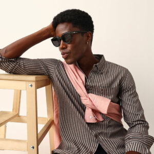brown & white vertical woven striped slim fit casual shirt