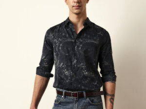 black slim fit casual shirt with abstract tie dye print