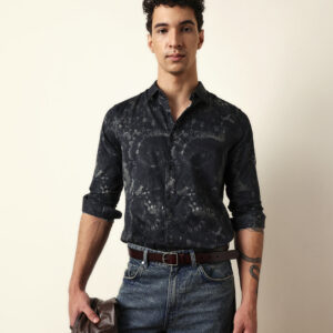 black slim fit casual shirt with abstract tie dye print