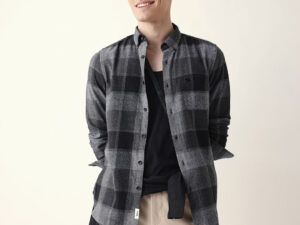 black with grey woven block checks slim fit casual shirt