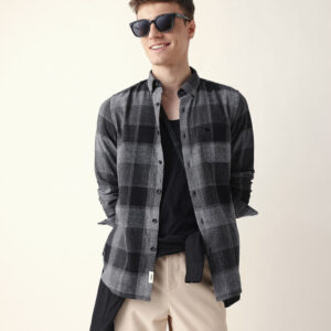 black with grey woven block checks slim fit casual shirt