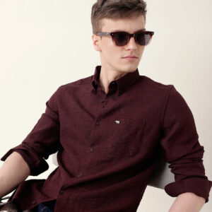 maroon slim fit casual shirt with woven textured design