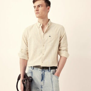 cream multi color vertical pinstripe slim fit casual shirt