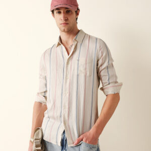 cream vertical woven stripe slim fit casual shirt