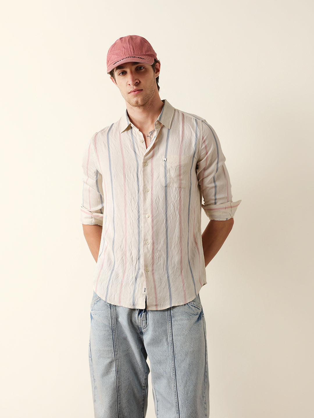 cream vertical woven stripe slim fit casual shirt cream vertical woven stripe slim fit casual shirt